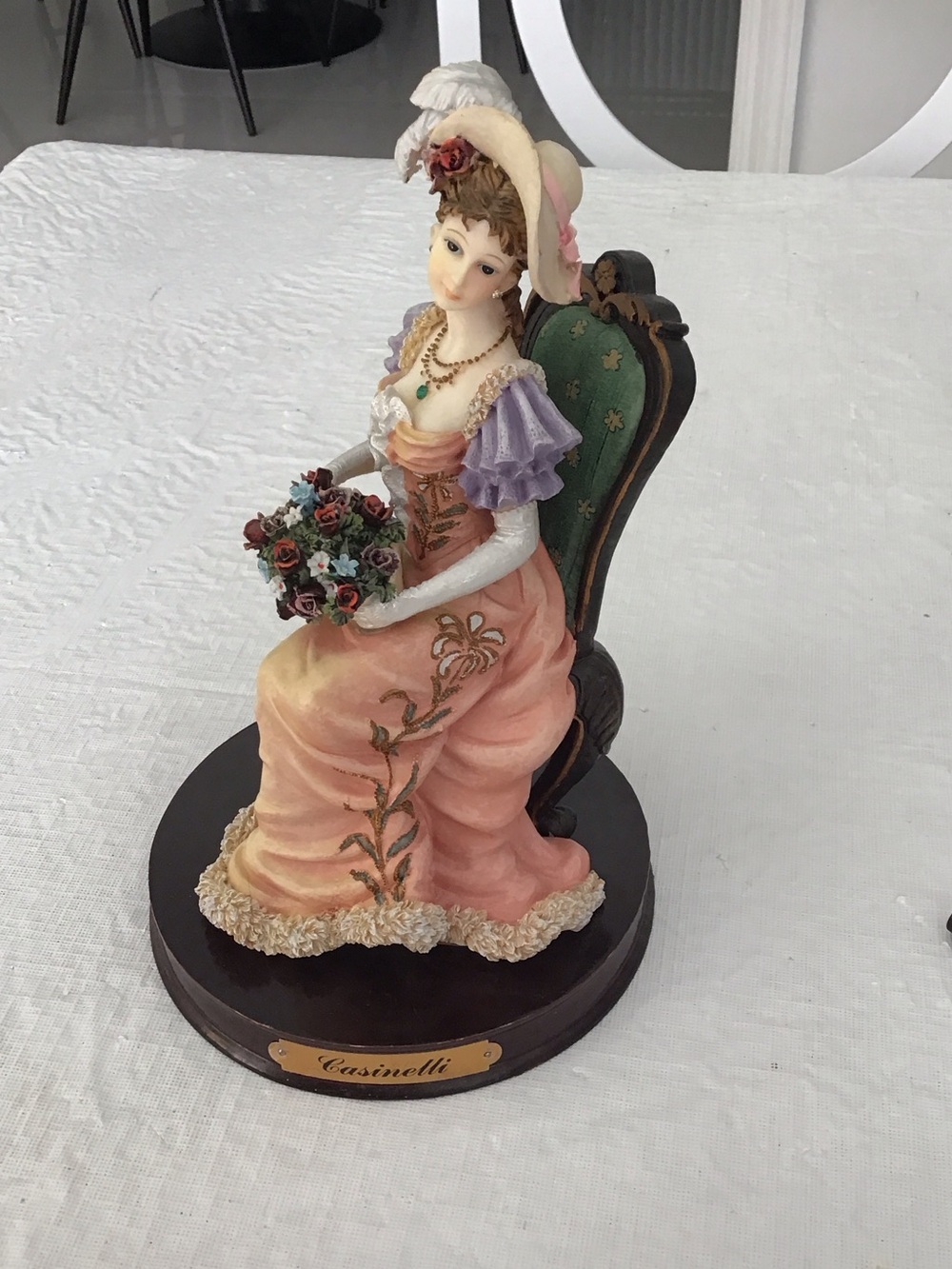 Victorian Lady sitting in a chair wearing peach& lavender gown #84. #4.